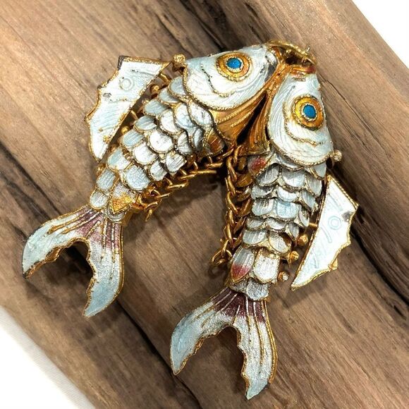 VINTAGE Cloisonné Enamel Double Koi Fish Pendant - Picture 1 of 7